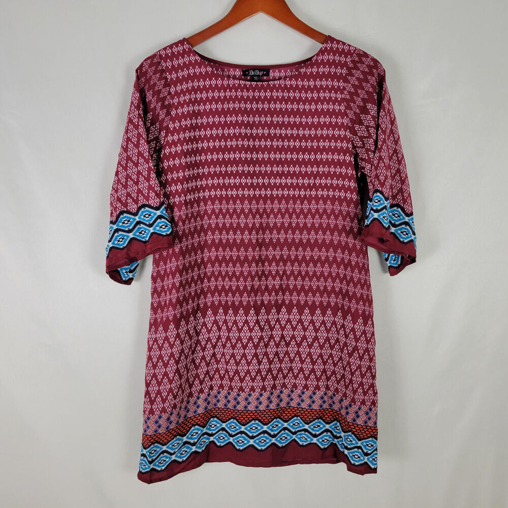 BeBop Shirt Womens Small Red Boho Tunic Top Geometric 3/4 Sleeve Round Neck‎